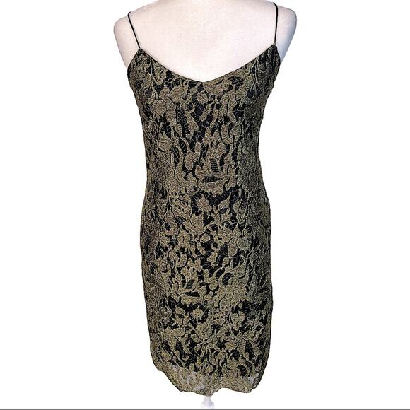 Lauren Ralph Lauren Gold Metallic Lace on Black Slip Dress Size 2 - Picture 6 of 16